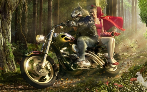 Wolf Biker And Little Red Riding Hood 1080P Wallpaper